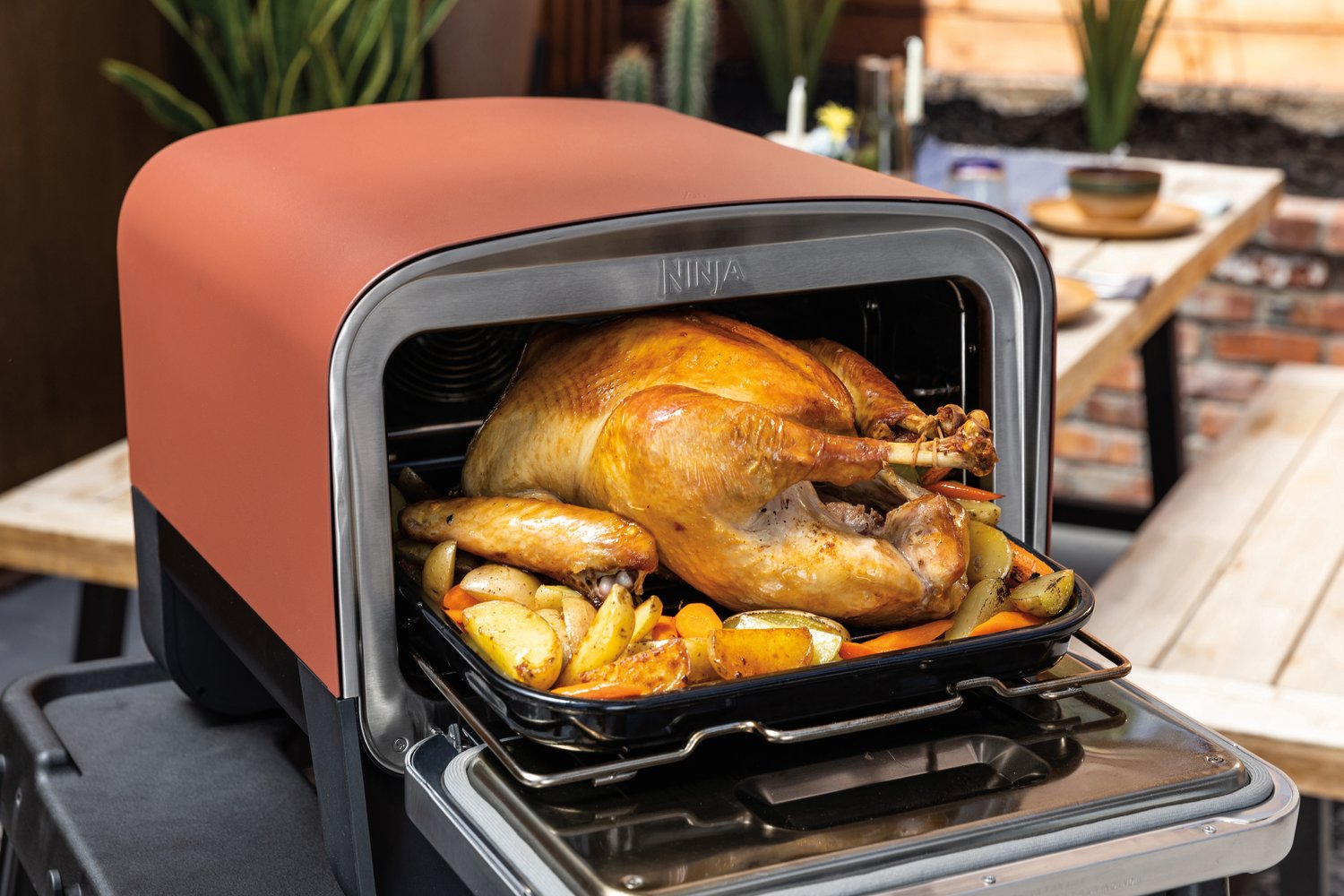 Ninja-R_OO101UK_InUse_PatioTable_OnStand_Open_TurkeyVeggies+RGB